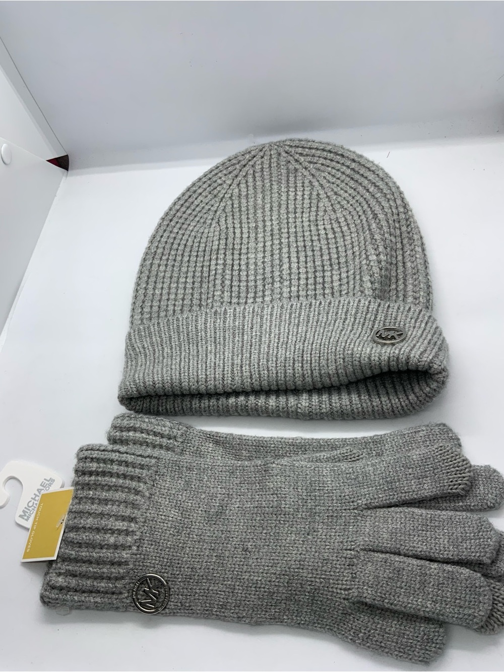 Michael Kors Light Gray Ribbed Knit Beanie and Glove Set